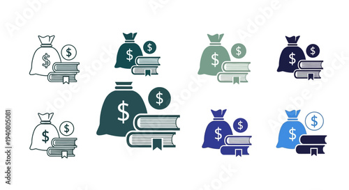 Various money bags and books icons in different colors displayed together