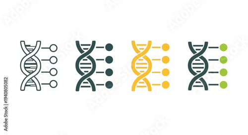 DNA helix structures illustrated in various colors representing genetic code and molecular biology concepts