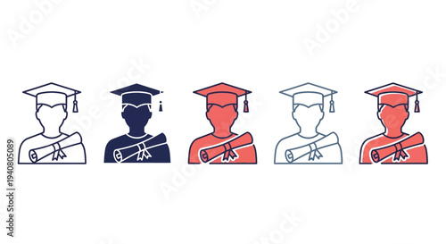 Graduation ceremony illustration featuring graduates in caps and gowns holding diplomas from various viewpoints