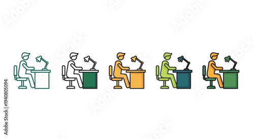 Illustration of diverse professionals working at desks with lamps, showcasing various work environments and tasks from a side view