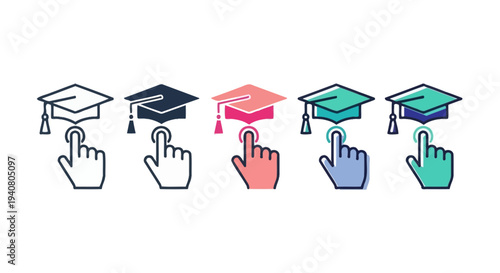 Hands reaching for graduation caps and diplomas in various colors and styles illustration
