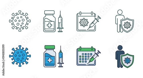 Medical icons set illustrating protection against viruses and vaccination concepts in a clean and simple visual representation