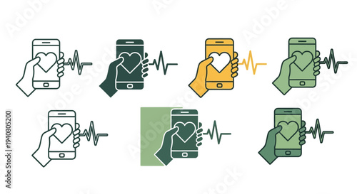 A series of hands holding devices with hearts and heartbeat icons illustrating care and technology