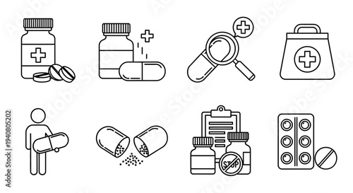 Medical icons illustration showcasing various medicine and healthcare symbols from a straightforward viewpoint