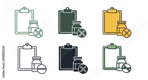 Collection of clipboard and megaphone icons in various colors and line styles, symbolizing communication and announcement