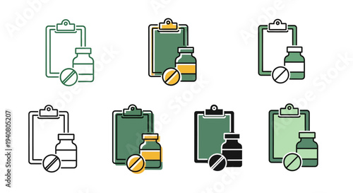 Collection of medical icons featuring clipboards and pill bottles in various styles and colors, symbolizing healthcare and medicine from a straightforward viewpoint