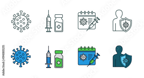 Collection of medical and health-related icons depicting vaccination and protection against viruses