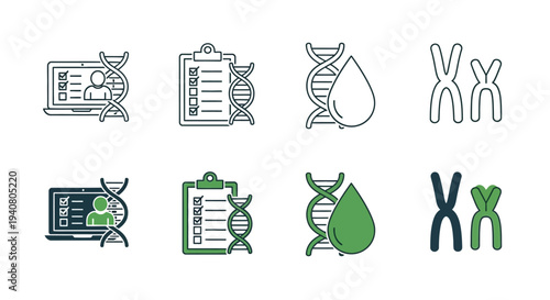 Genetic research icons set on white background, including DNA, clipboard, and scissors, illustrating genetic editing and study concepts