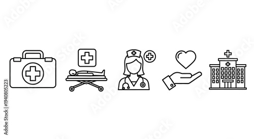 Medical icons representing healthcare and wellness, including first aid, medical care, and love, displayed in a simple line art style.