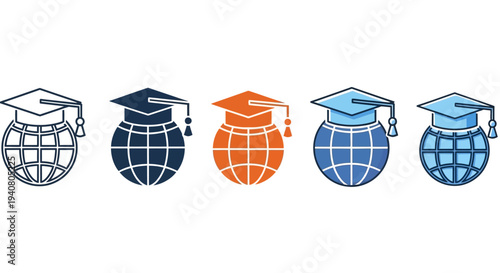 Graduation caps on globes symbolizing global education from various viewpoints