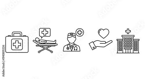Medical Icons Representing Healthcare and Emergency Services in a Simple Line Art Style