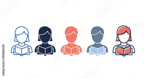 Diverse group of people reading books together in a modern illustration style from a straightforward viewpoint