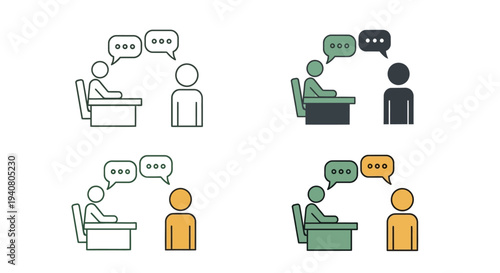 Simple vector illustrations of people communicating and conversing in various settings and environments from different viewpoints