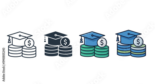 Graduation caps on stacks of money representing education costs and financial investment in a row