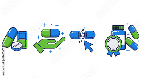 Medication icons set with capsules and tablets on digital interface, showcasing health supplements, hand interaction, and download options in a modern, minimalist style