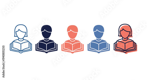 Diverse group of people reading books together from various viewpoints in a simple graphic illustration
