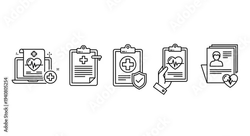 Medical documents and reports displayed on various devices and hands, highlighting healthcare information and verification processes in a digital environment from a straightforward viewpoint