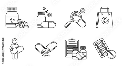 Medical supplies and healthcare icons for pharmaceutical and medical purposes displayed in a collection of simple line drawings