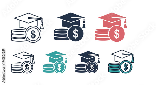 Collection of icons representing education and finance in various colors and styles