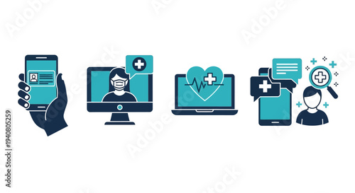 Digital Health Icons Representing Medical Services and Technology Across Various Devices