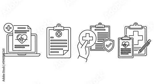 Medical documents and health icons displayed on digital devices and handheld media