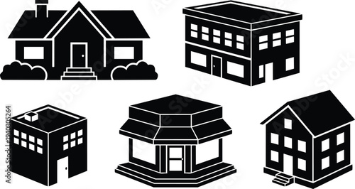 Flat design building icon set five architectural silhouettes including bungalow storefront apartment commercial shop and townhouse in simple black vector