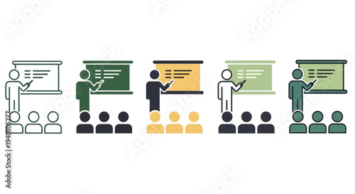 A presenter delivers a lecture to an audience using different colored presentation slides in a seminar setting from a front viewpoint