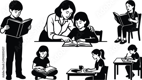 Minimalist vector teacher guiding child reading at desk with students reading writing in various poses black silhouette sitting standing learning