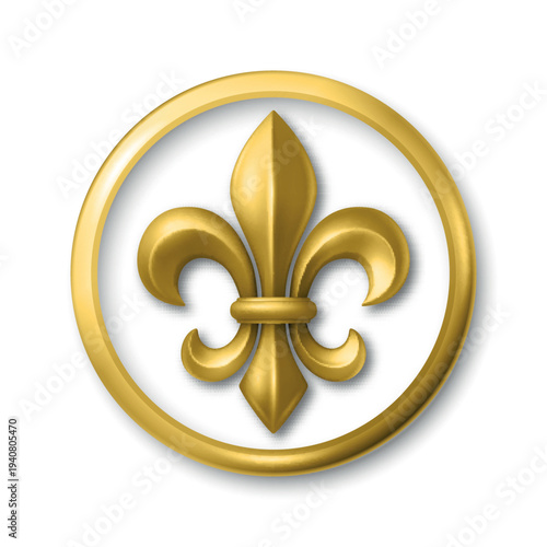 Vector 3d Golden Fleur De Lis Symbol in Round Frame. Elegant Royal Emblem. Classic French Heraldic Icon. Luxury Fleur De Lis Sign. Logo Design, Badge, Noble Decoration, Vintage Ornament