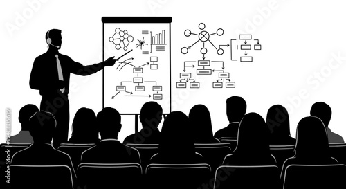 Business Presentation: Speaker Explains Strategy with Flowcharts on Flip Chart to Audience