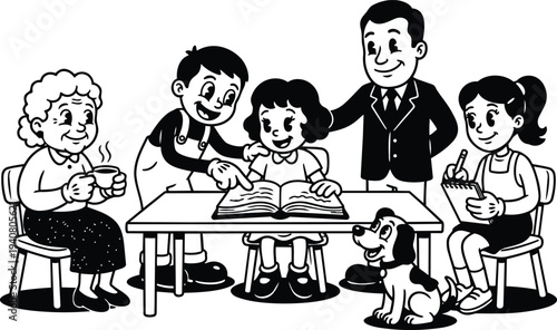 Retro cartoon family group gathered around table reading book with smiling children grandmother father mother and dog boy pointing happily