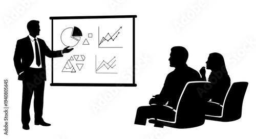 Business Presentation: Speaker with Charts and Audience Silhouettes