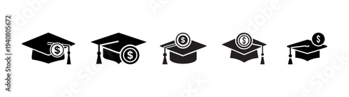 A set of five black graduation caps with tassels in various orientations and perspectives