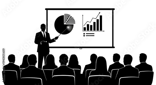 Business presentation with charts and graphs on screen, speaker addressing audience