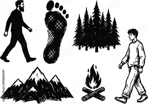 Hand drawn sketch showing two hikers walking with large footprint camp fire mountains and pine forest in black ink line art
