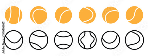 
A vector icon set of tennis and padel balls, showcasing both filled and outline styles for sports design