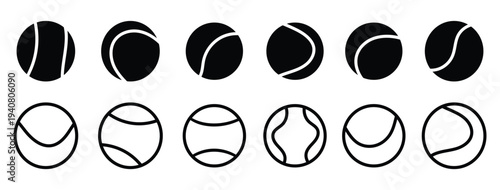 Tennis ball icon set. Sport equipment vector set. Tennis ball collection with static and motion versions for match, training, and game design.