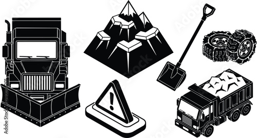 Stencil vector snowplow front view with warning cone shovel spare tires and dump truck loaded with salt mountain pile road