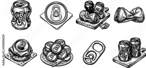 Detailed black and white vector art of hand-drawn various crushed aluminum cans and soda can tops in close up collection style

