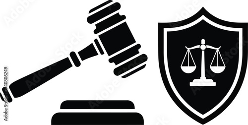 Law and justice symbol with gavel and shield emblem