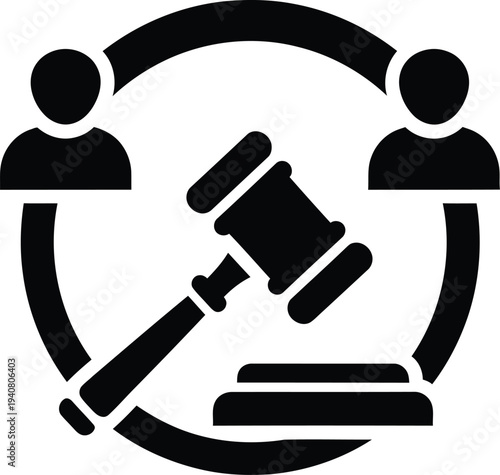 Law and justice symbol with gavel and two people