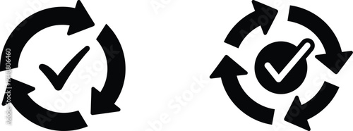 Two black circular arrow icons with checkmarks on a white background