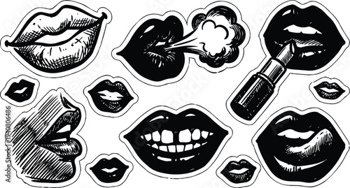 Tattoo flash lips sticker sheet close up various mouth expressions with lipstick and speech cloud black and white bold outline