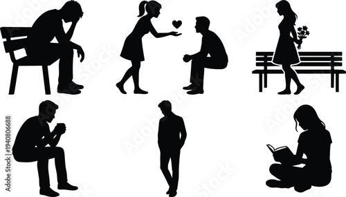 Silhouette vector series showing people sitting standing walking offering heart reading on benches in park scene black shapes minimalist isolated