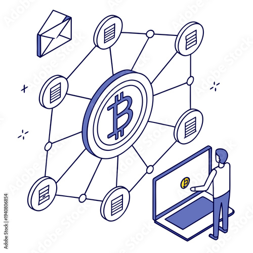 Bitcoin network concept with interconnected nodes, email icon, and person using a laptop
