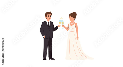 A happy bride in a white gown and a groom in a black suit are standing and toasting with champagne glasses.