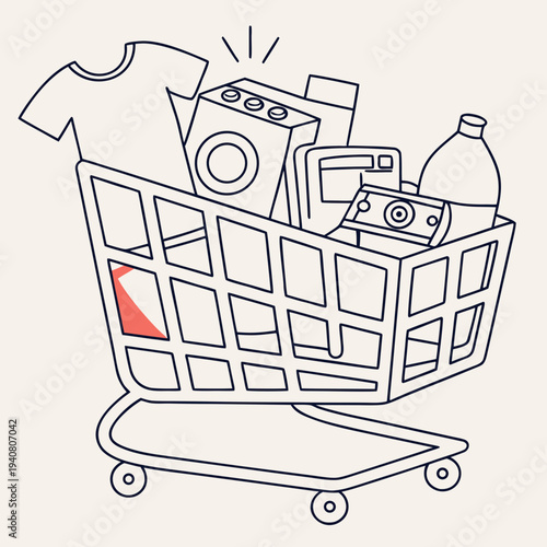 Shopping cart filled with appliances and household items, concept for home shopping and consumer goods