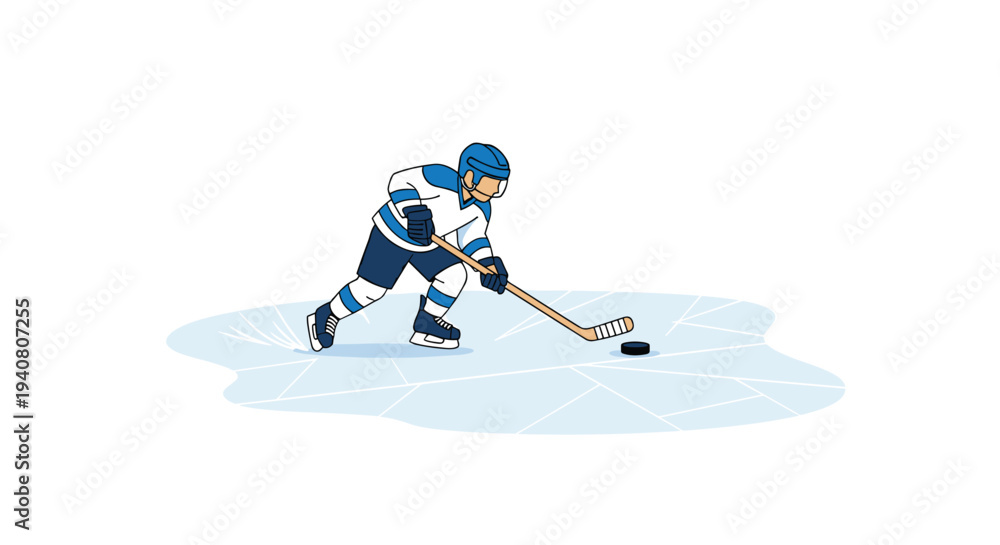 Obraz premium A stylized ice hockey player in a blue and white uniform skates across a cracked ice surface, dribbling a black puck.