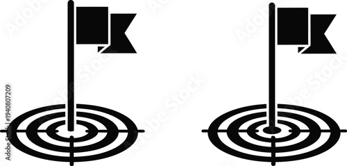 Flags on target boards with concentric circles isolated on transparent background, Vector