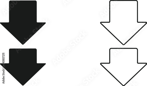 Arrows pointing downward black and white icons isolated on transparent background, Vector